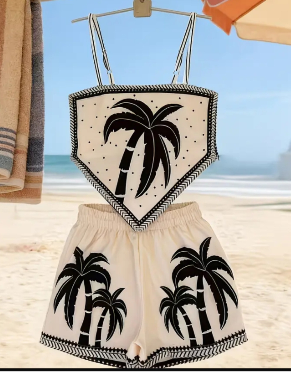 Cream High-Waist Palm Print Shorts Set with Black Trim